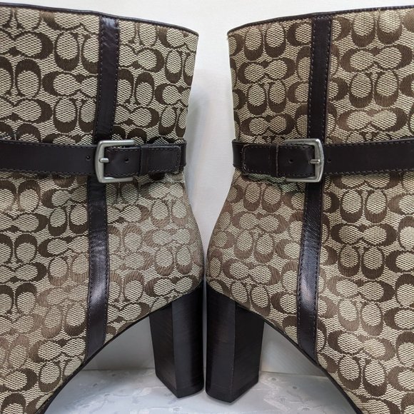 Coach Khaki & Brown Jacquard Signature Logo Bibi Mid Calf Boots - size 5.5M NWT